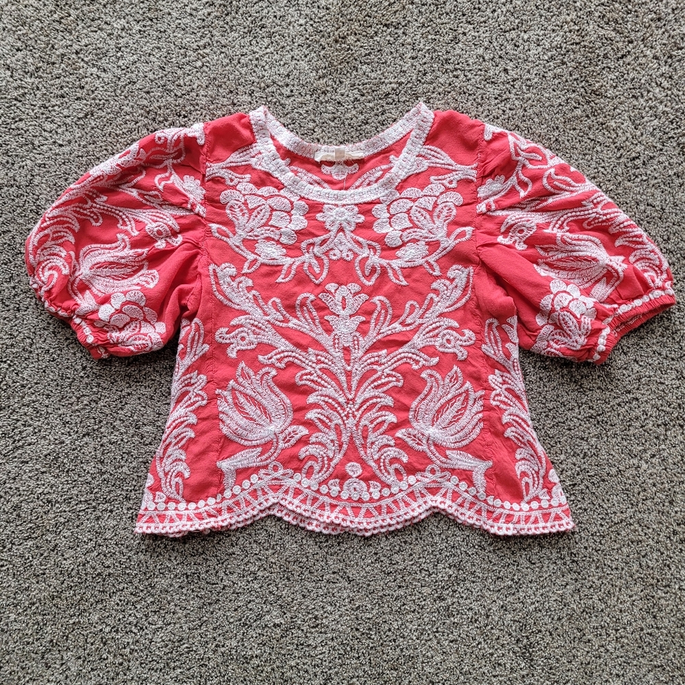 Solitaire Anthropologie Women's Blouse S Floral Embroidery Balloon Boho Scallop